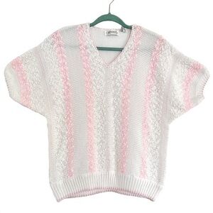 Vintage 3D Textured Pink White Striped Short Sleeve Sweater Coquette Kawaii 18W